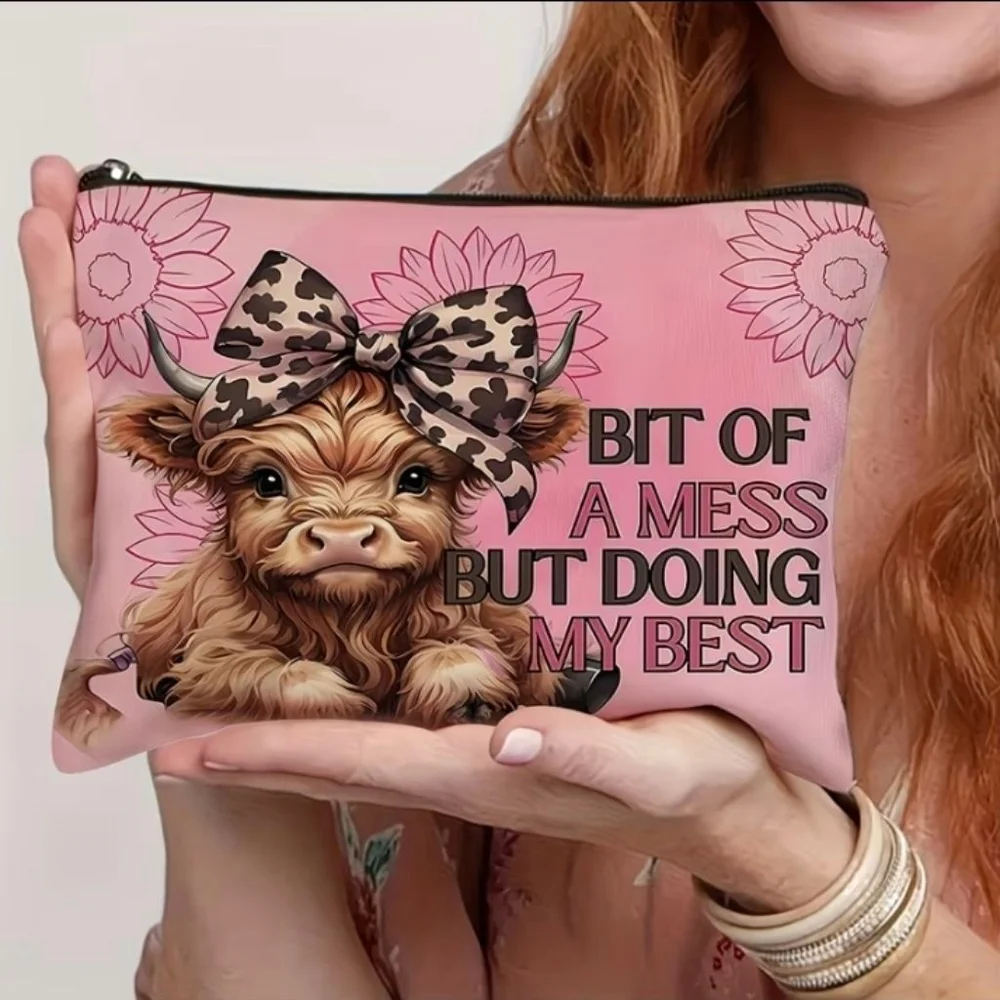 Women's Cosmetic Bag One Size Pink Brown Highland Cow